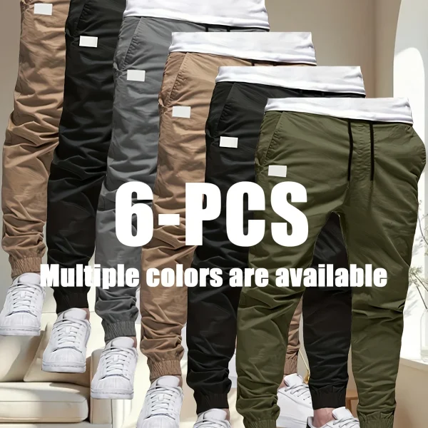 6pcs men's loose long waistband multi pocket,solid color pants